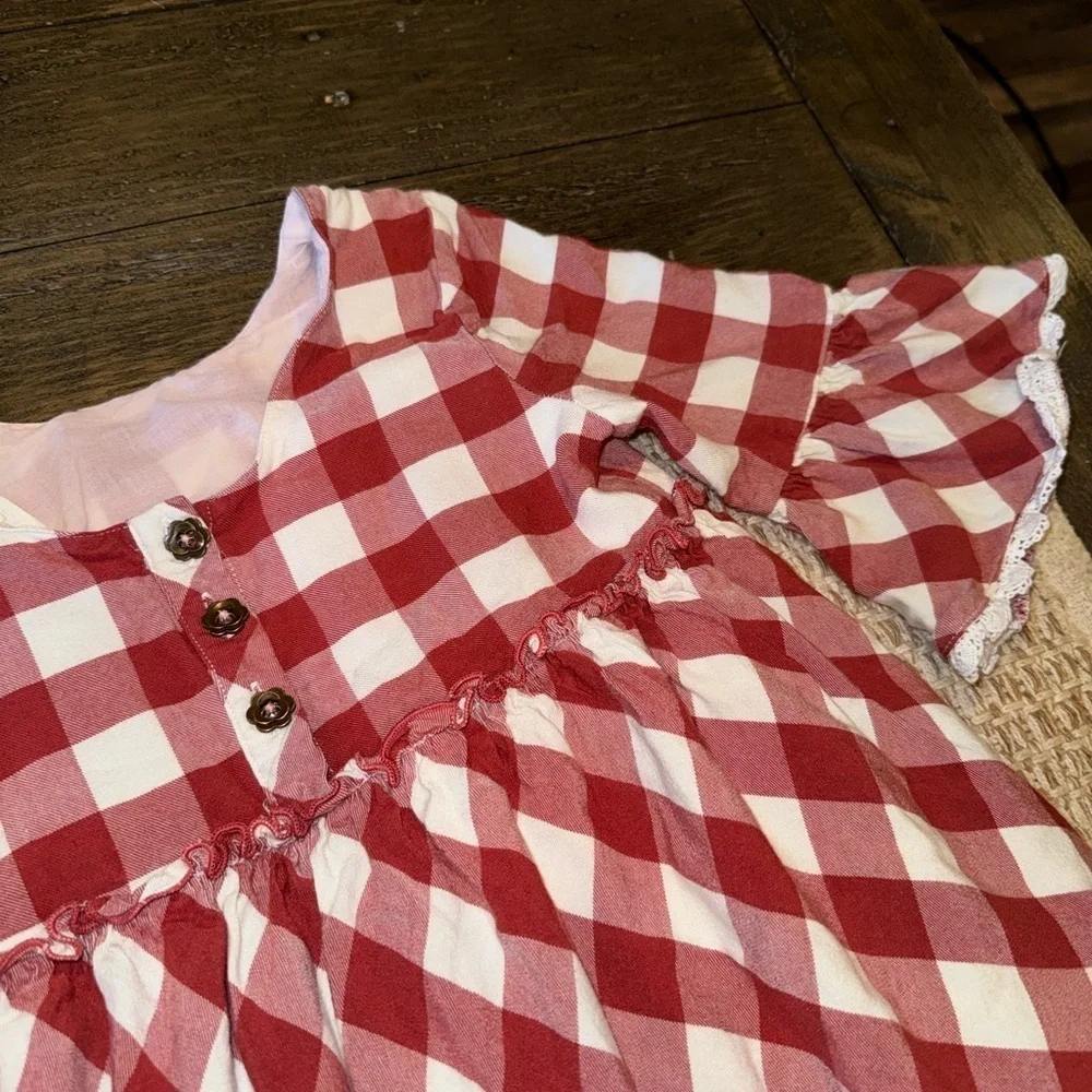 Matilda Jane Rusty Red KASSIDY Flannel Plaid Bell Sleeve Dress Crochet Accents 8